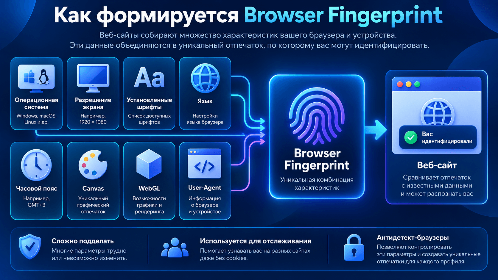 Формирование Browser Fingerprint из характеристик браузера и устройства