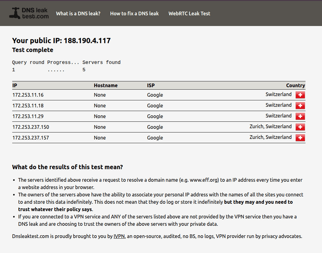 Проверка DNS на DNSLeakTest