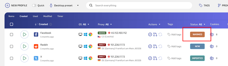 Profile warming settings in WADE X for configuring automated website visits and browsing activity.