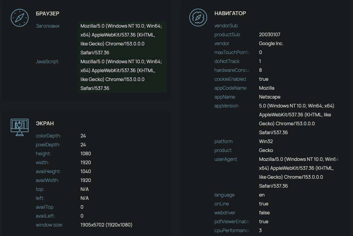 Проверка параметров браузерного отпечатка профиля WADE X: User-Agent, платформа, разрешение экрана, аппаратные характеристики и другие данные, доступные сайту через браузер