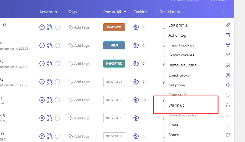 Extended profile warming options in WADE X for configuring websites, search engines, navigation depth, and visit duration.