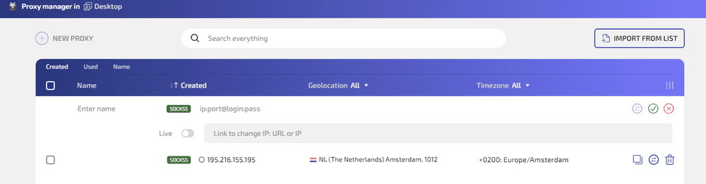 Configuring a proxy connection for a Facebook browser profile in WADE X