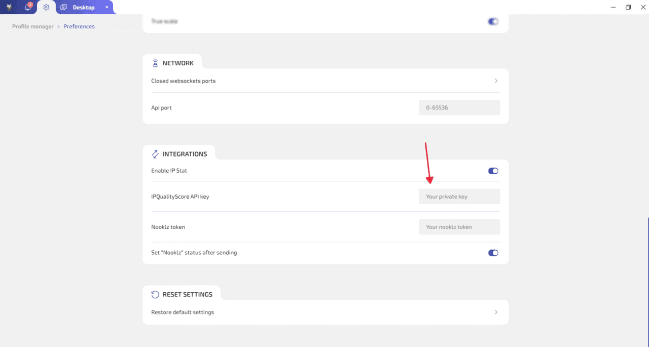 Screenshot of the Integrations section in WADE X, showing the Enable IP Statistics setting and the IPQualityScore API Key field.