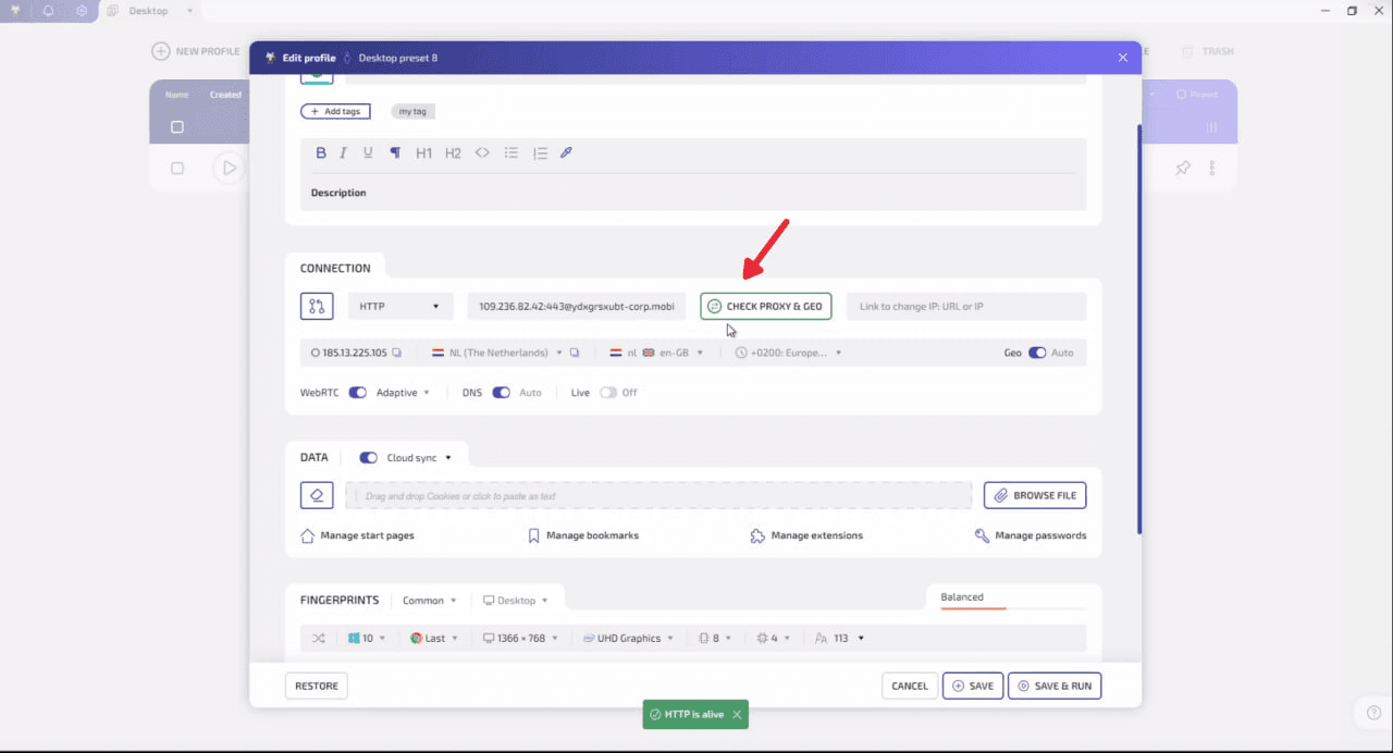 WadeX’s built-in “Proxy and Geo” check, showing whether the connected proxy is available and the geolocation of its IP address