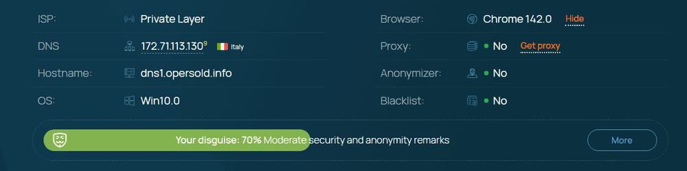 The result of a detailed check of the anonymity and security level of the Whoer.net service.