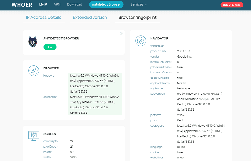 Checking a browser fingerprint and the consistency of its parameters with a fingerprint checker.