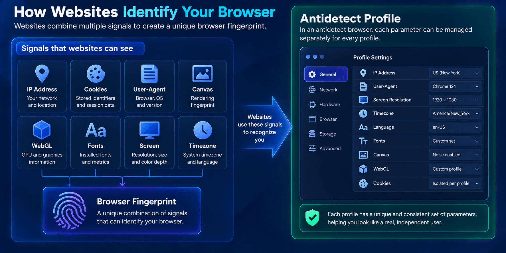 Browser Fingerprint signals and separately managed parameters in an Antidetect Profile
