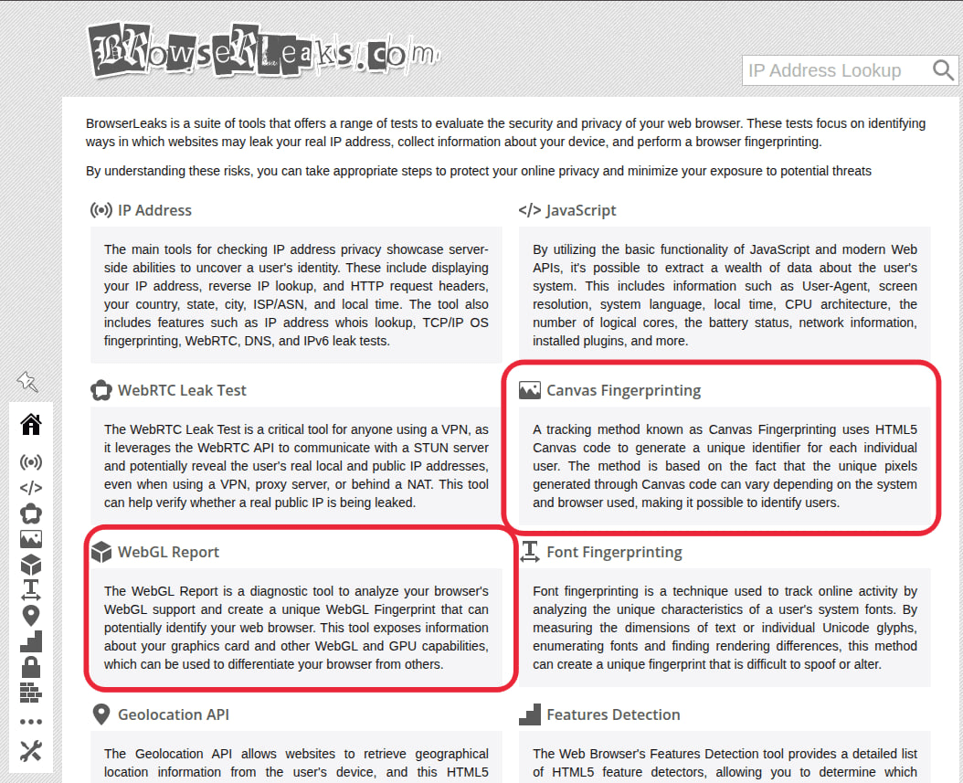 Canvas and WebGL fingerprint check in BrowserLeaks