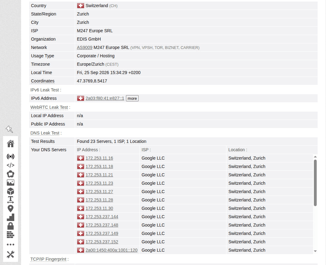 DNS, WebRTC, and IPv6 Check on BrowserLeaks
