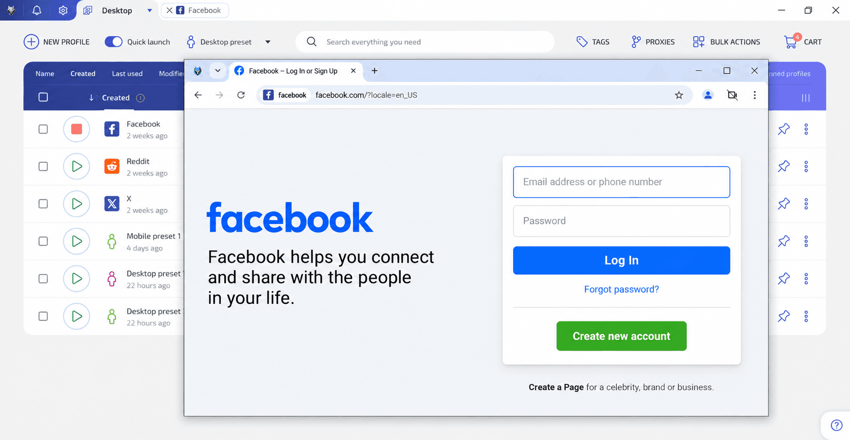 Launching a profile and opening its browser window.