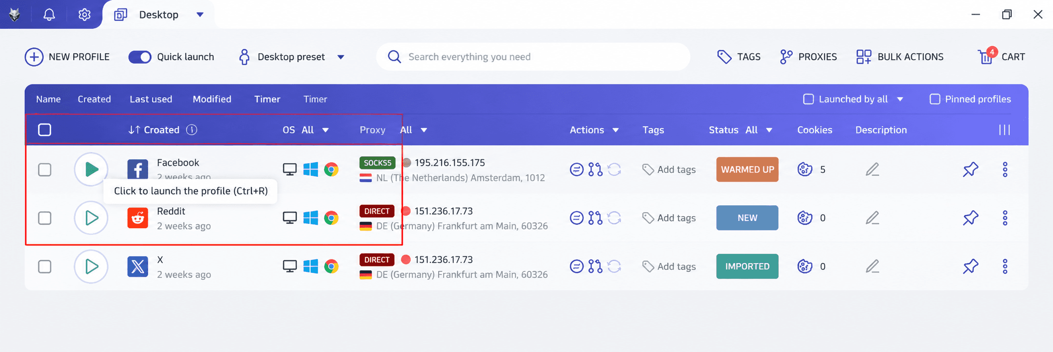 A newly created profile in the list of browser profiles