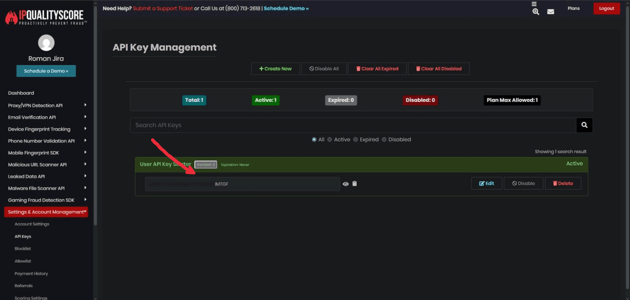 Страница API Key Management в IPQualityScore