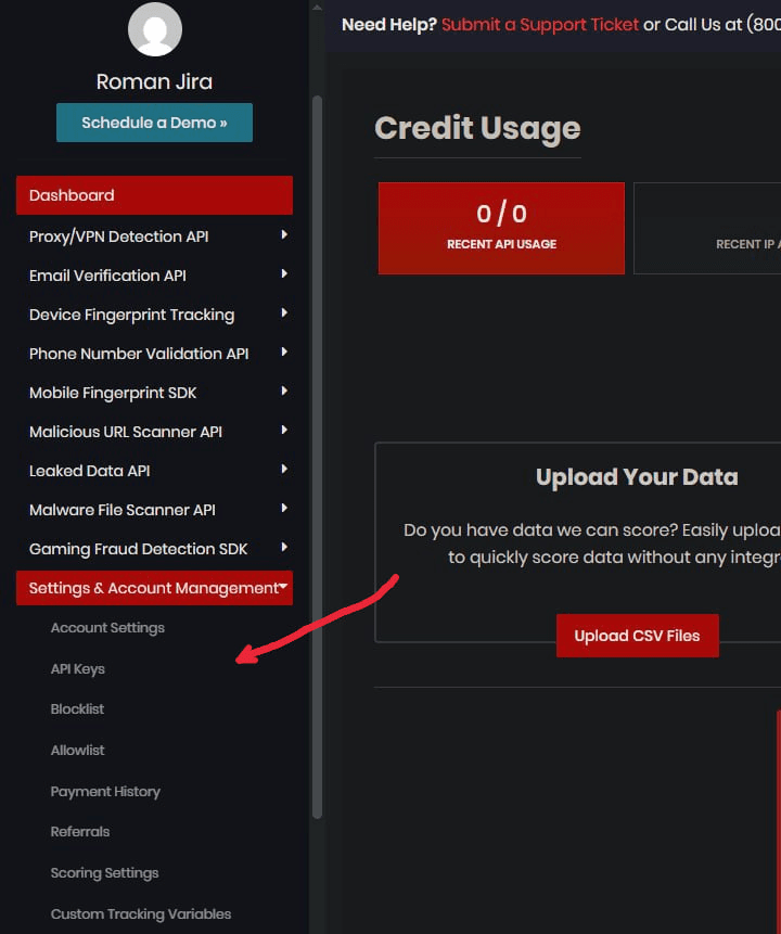 Раздел API Keys в настройках IPQualityScore