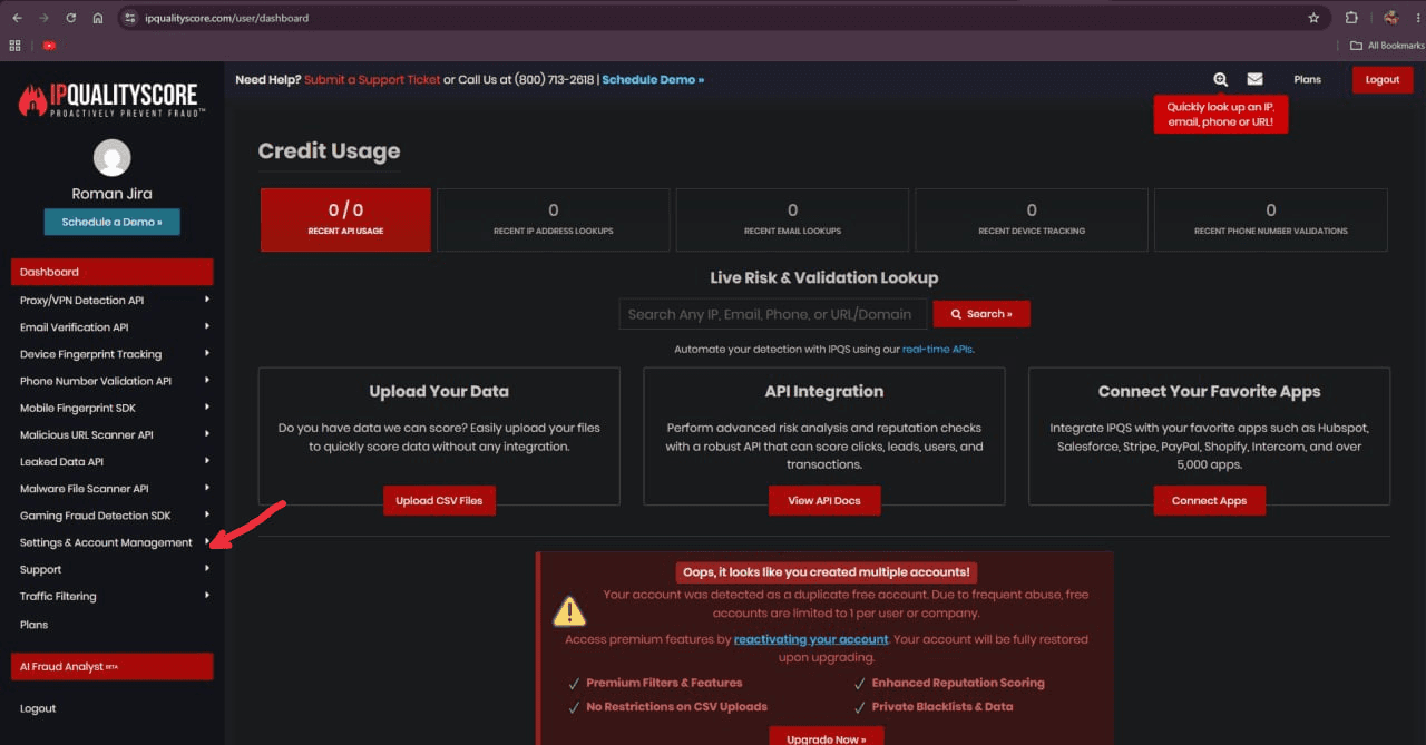 Раздел Settings & Account Management в интерфейсе IPQualityScore