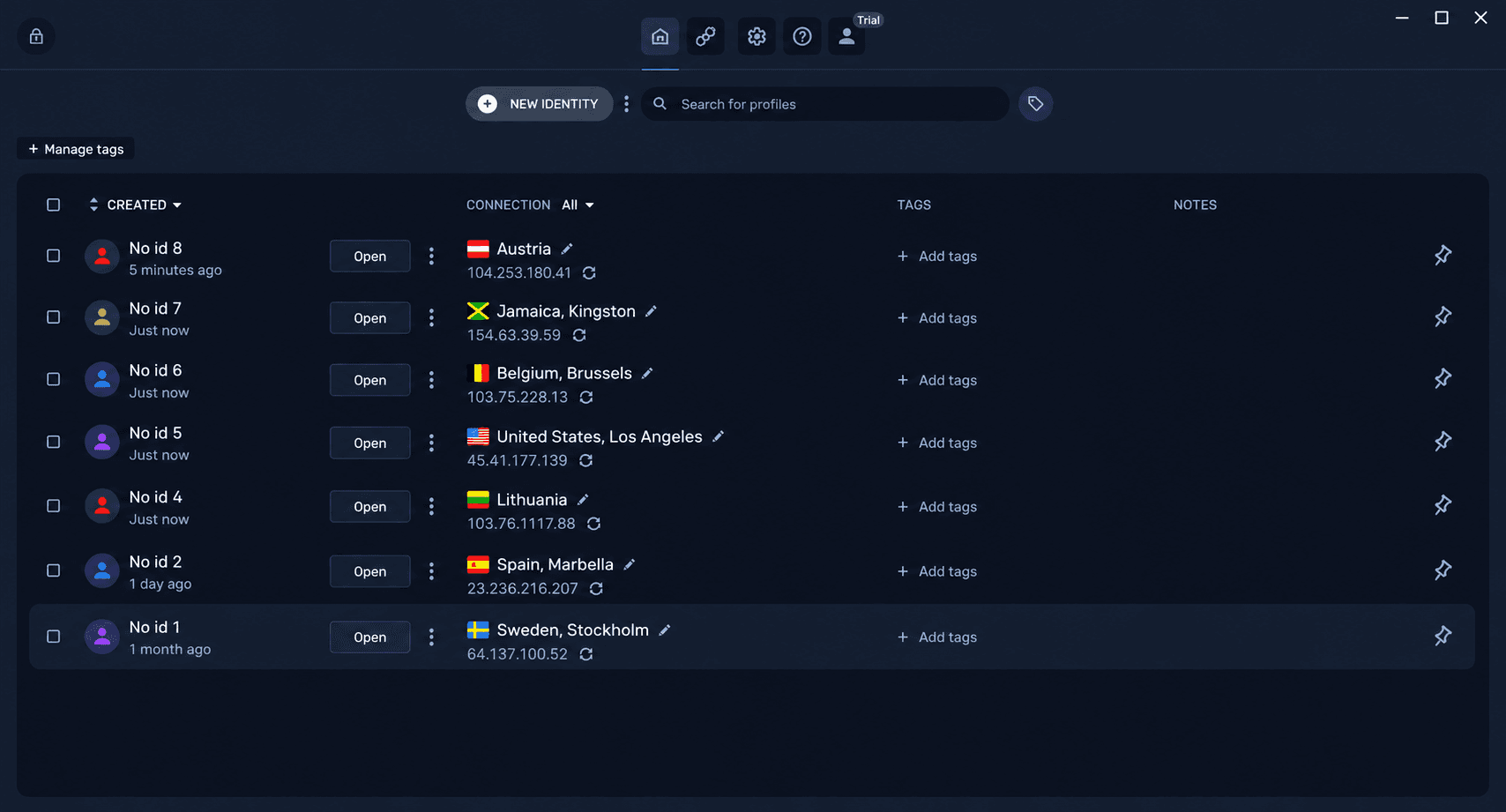 List of separate Browser Identities in NOID browser