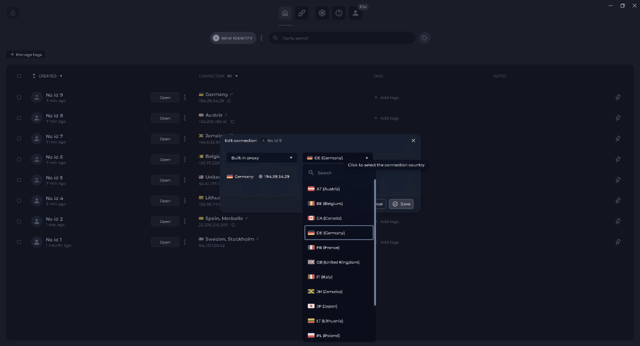 Selecting a built-in Residential Proxy and configuring connection settings in NOID browser