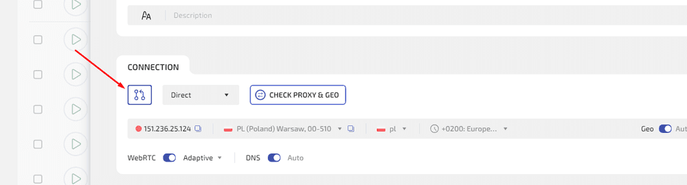 Adding a saved proxy from Proxy Manager to a WADE X browser profile.