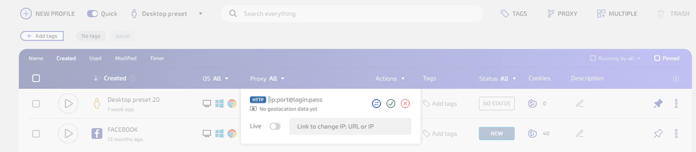Manually entering proxy connection details for a WADE X browser profile.