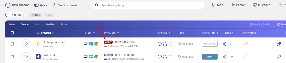 Connection type displayed in the WADE X profile list for configuring a proxy.
