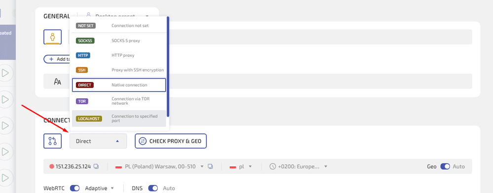 Configuring the proxy type and connection details in WADE X profile settings.