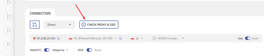 Checking the proxy IP address, location, and connection status in WADE X without launching the profile.