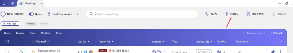 Proxy Manager interface for storing and managing proxies in WADE X.