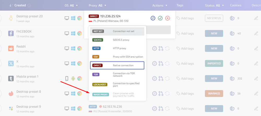 Selecting WADE PROXY as the connection type for a browser profile.