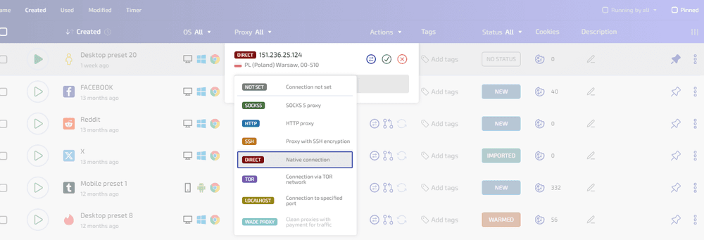Selecting a proxy connection type from the dropdown menu in WADE X.