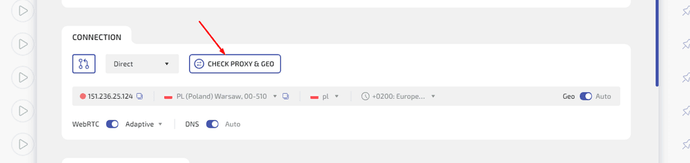 Quickly checking the proxy IP address, geolocation, and connection status in WADE X.