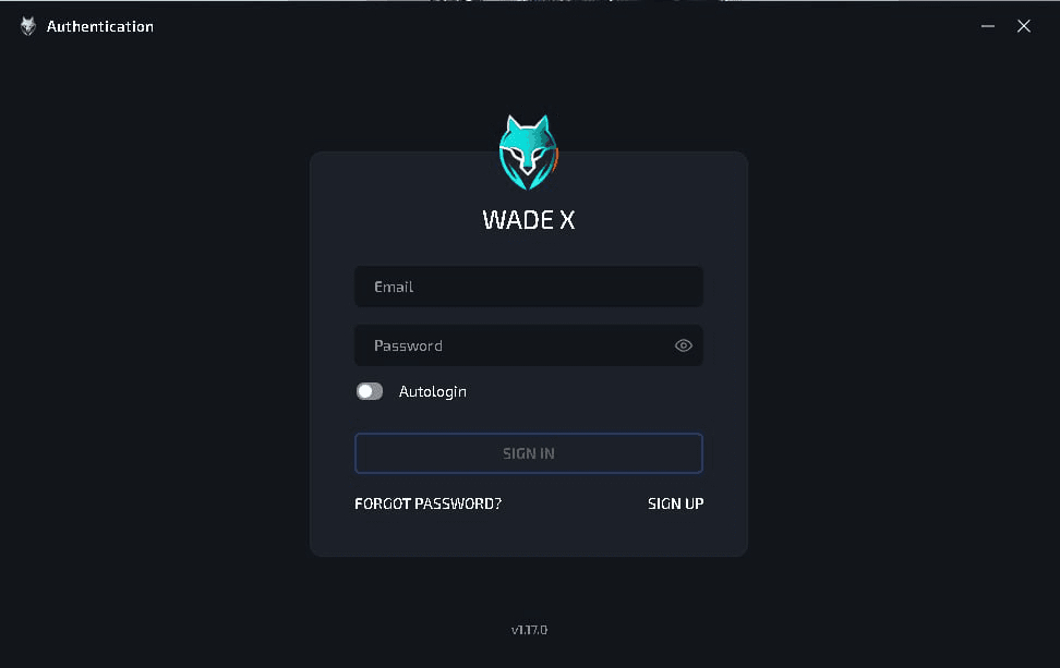 Signing in to a WADE X account with an email address and password.