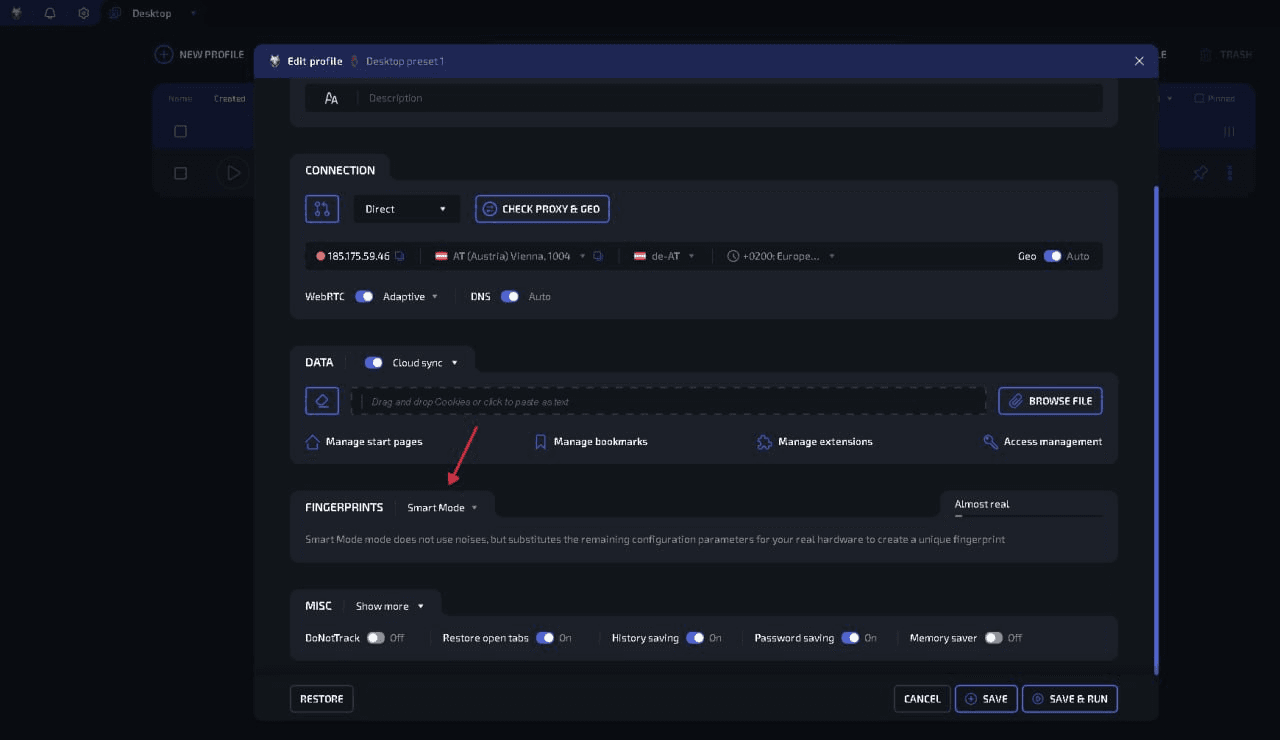 Automatic Browser Fingerprint configuration when creating a profile in WADE X