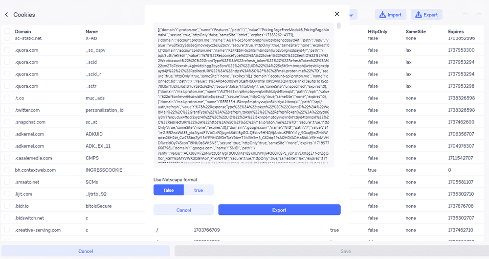 Exporting cookies from a WADE X profile to save or transfer session data to another browser profile.