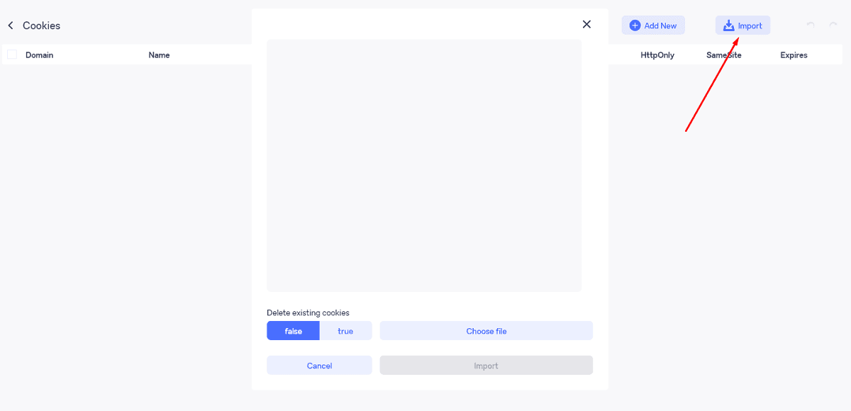 Importing cookies into a WADE X profile by pasting cookie data or uploading a cookie file.