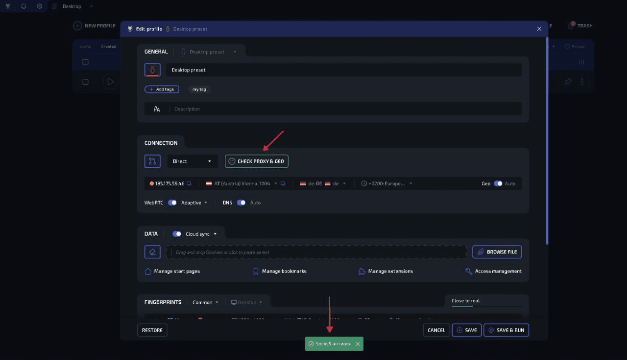Checking IP address, proxy connection, and geolocation in WADE X