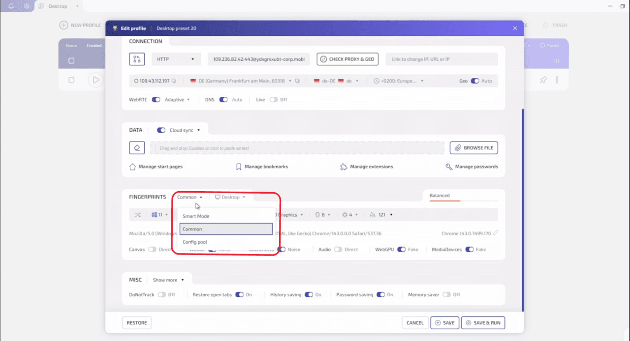 Settings for a newly created profile, including Smart Mode