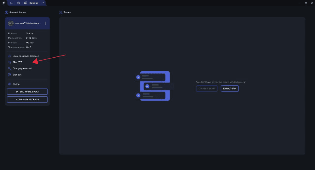 The “2FA: OTP” status in WADE X account settings, confirming that an authenticator app is connected.