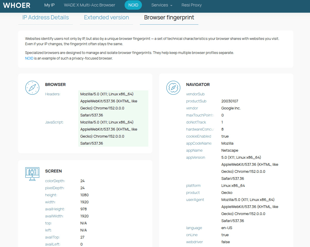 Browser Fingerprint check on Whoer showing browser and device characteristics that websites may be able to detect
