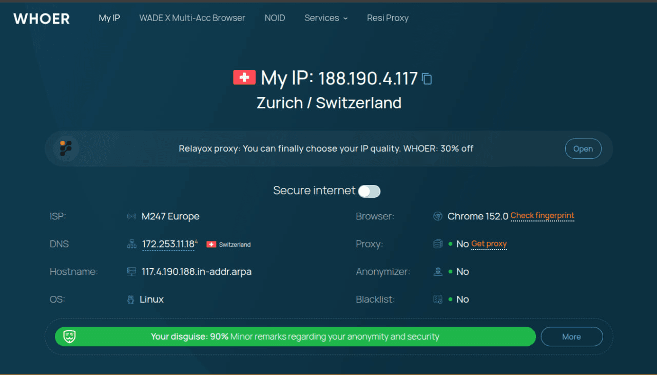 Checking the WadeX browser version via Whoer